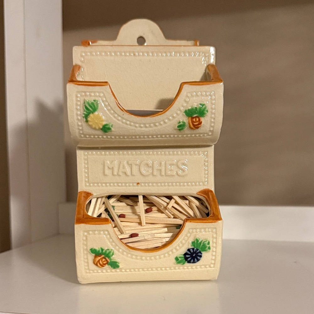 Vintage Ceramic Match Holder with Floral Design